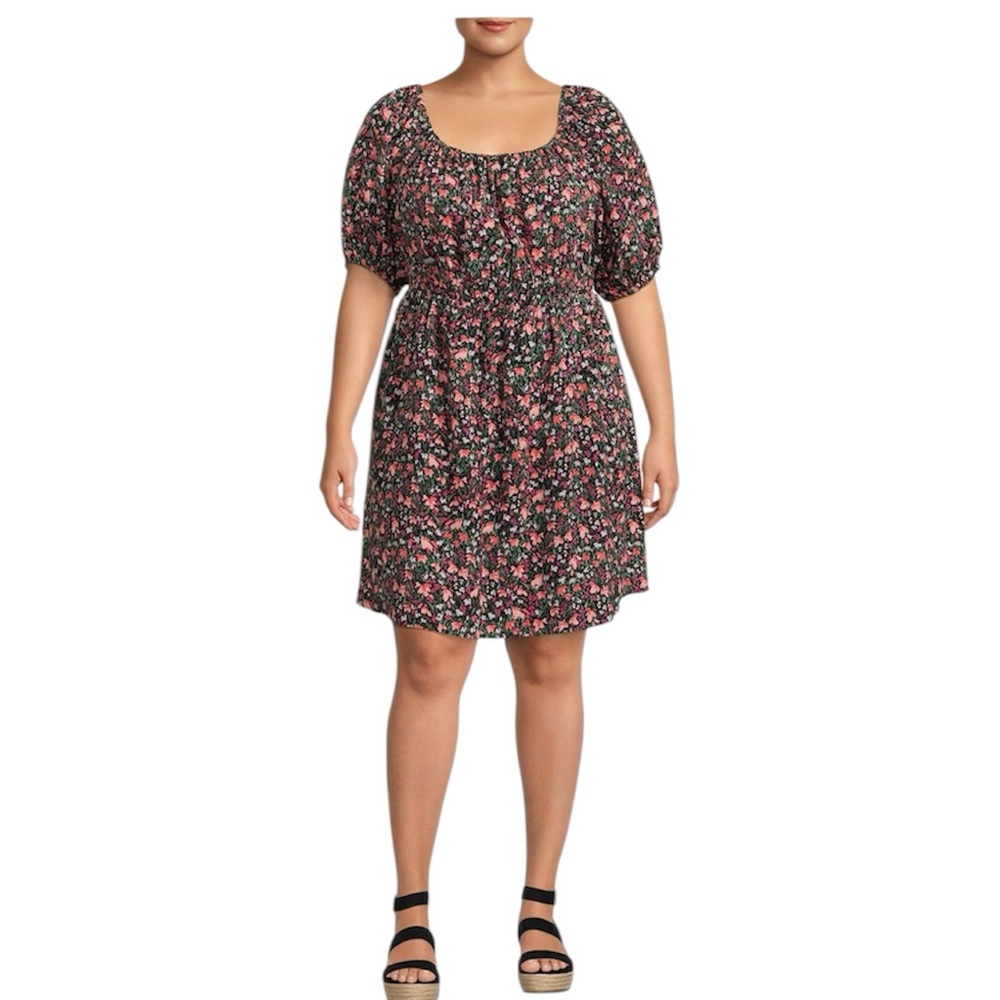 Terra & Sky Women's Plus Size Puff Sleeve Dress with Tie Back Black Floral Sz 1X